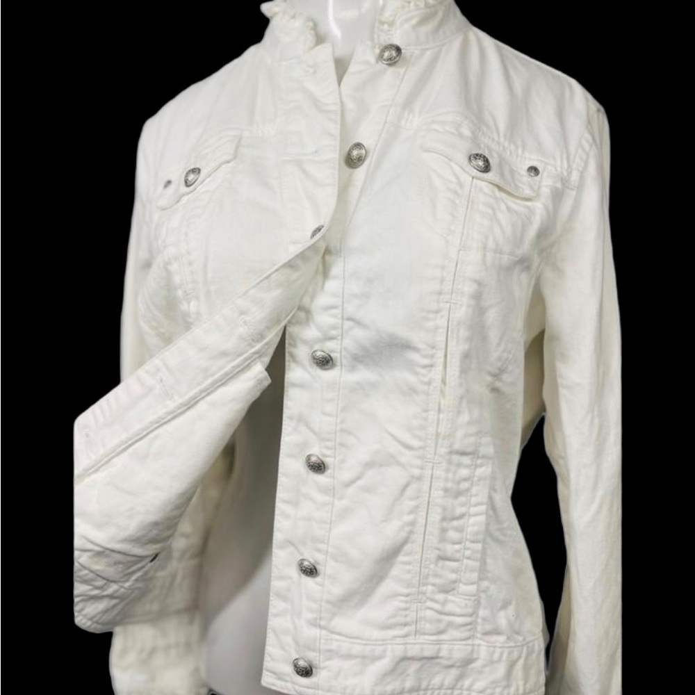 Chico’s Platinum White Ruffle Denim Jean Jacket Size 3 XL 16 Boho Chic